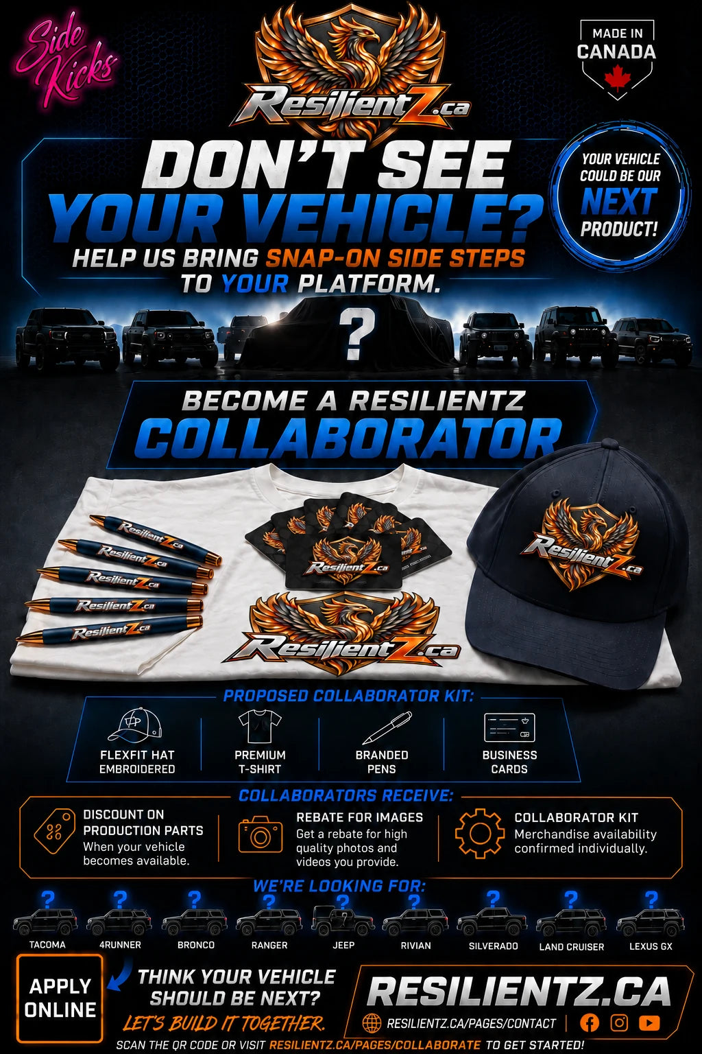 Proposed ResilientZ collaborator kit artwork with a shirt, hat, cards and pens.