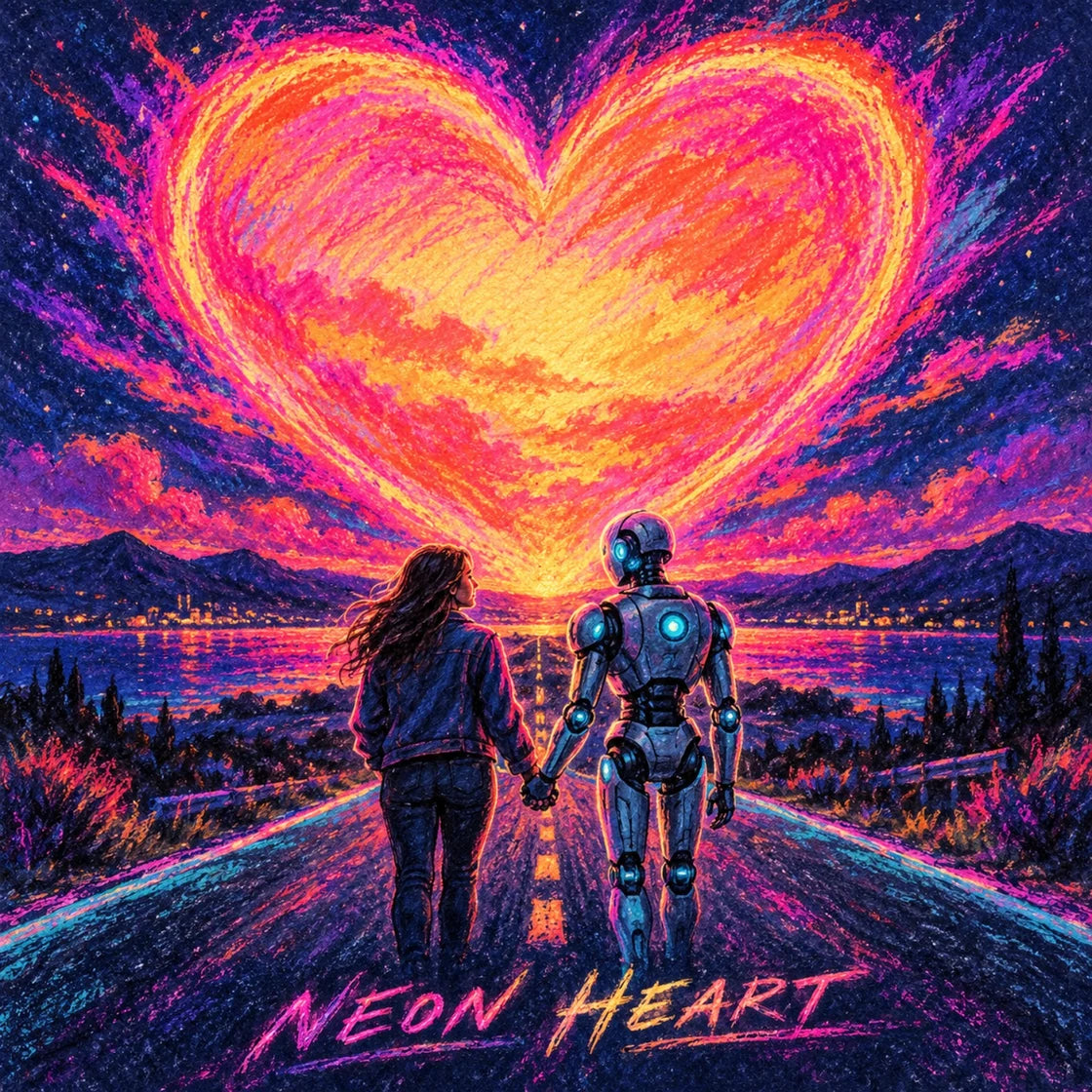 NEON HEART album cover: a woman and a robot holding hands beneath a glowing heart in a neon sky