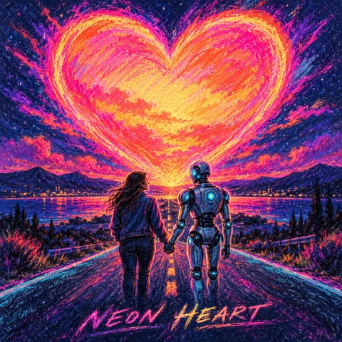 NEON HEART album cover: a woman and a robot holding hands beneath a glowing heart in a neon sky