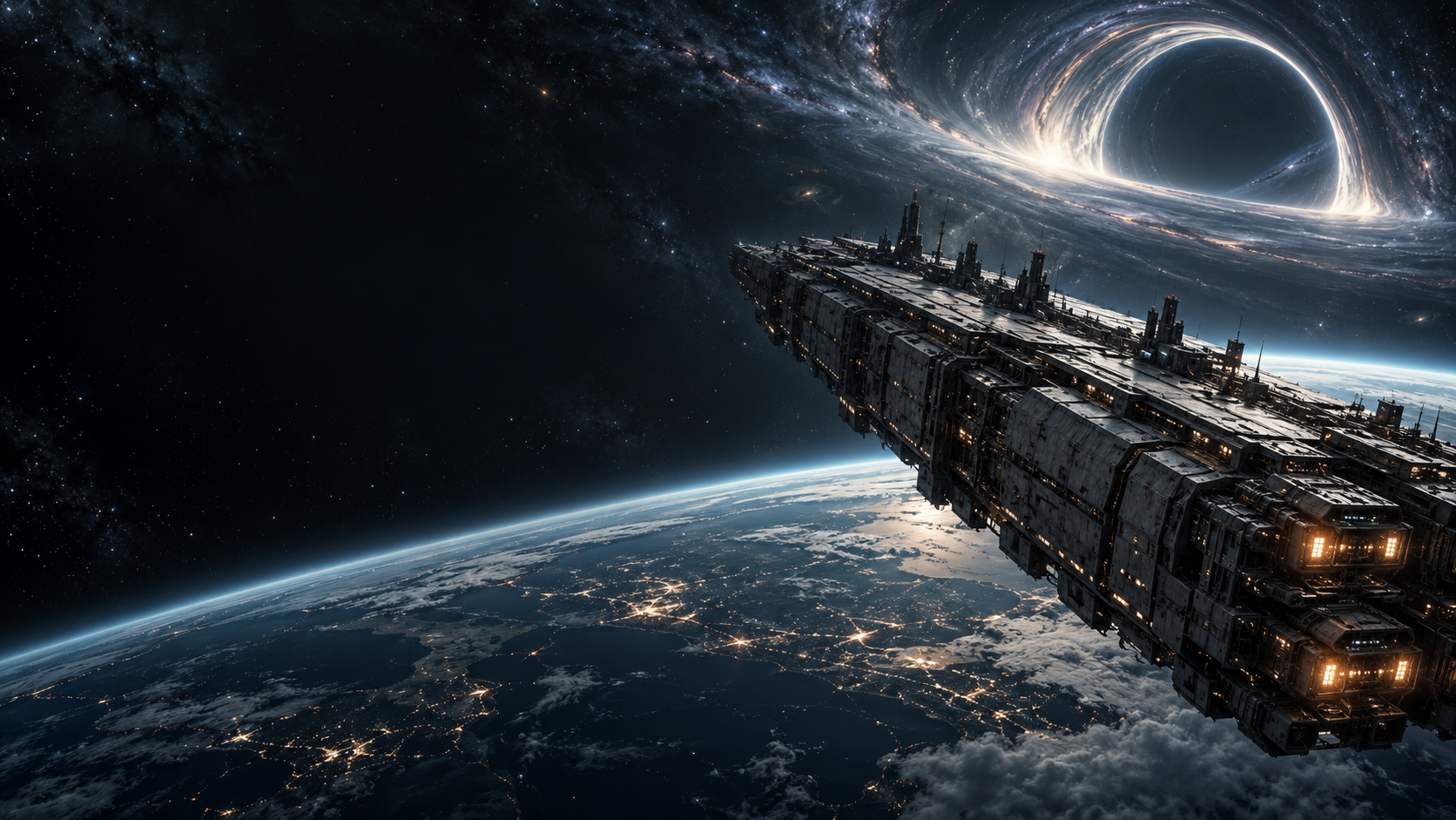 Aether Toroidal evacuation fleet beneath a fractured sky