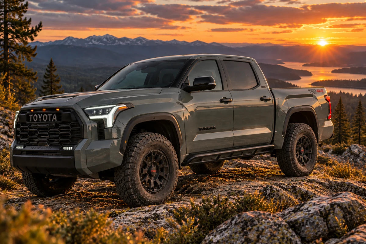 Toyota Tundra at a mountain overlook at sunset 